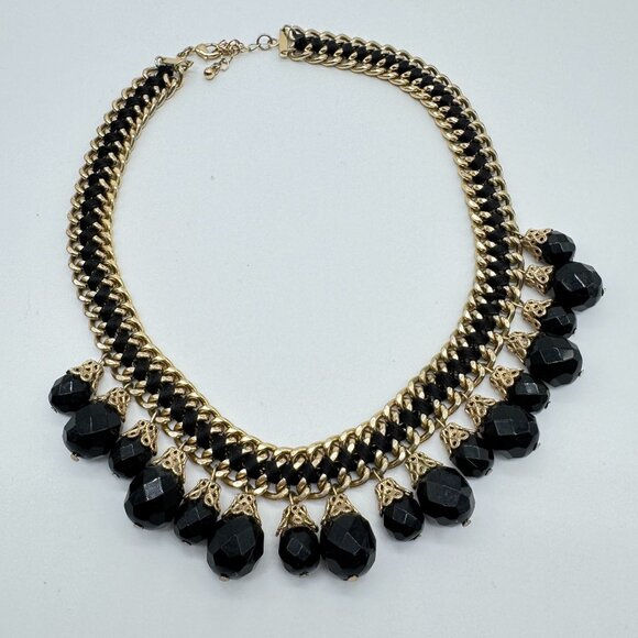 Statement Necklace Metal Gold Tone Chain Links and Black Lucite Beads - Picture 2 of 7